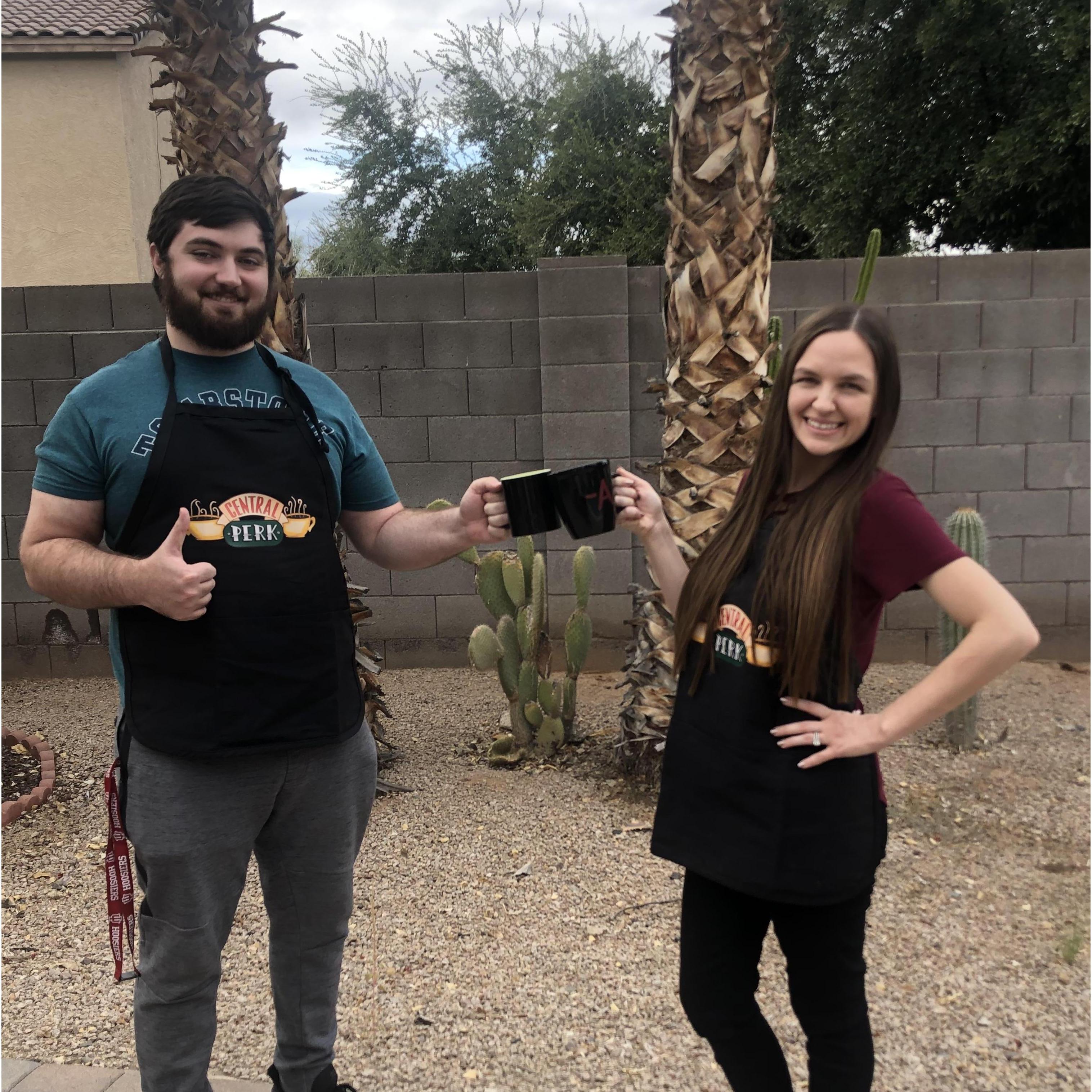 The first time we dressed up together for Halloween - Central Perk waiters!