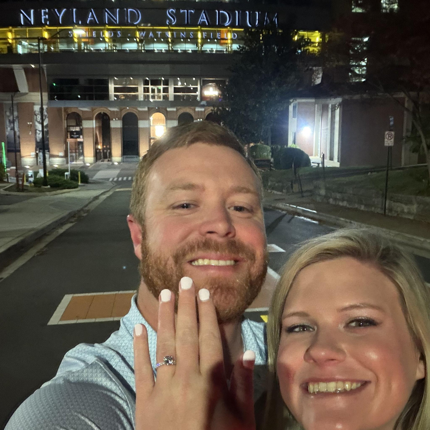 A selfie in front of Neyland to celebrate our engagement!