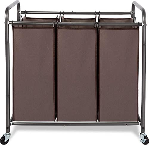 STORAGE MANIAC 3 Section Laundry Sorter, 3 Bag Laundry Hamper Cart with Heavy Duty Rolling Lockable Wheels and Removable Bags, Brown