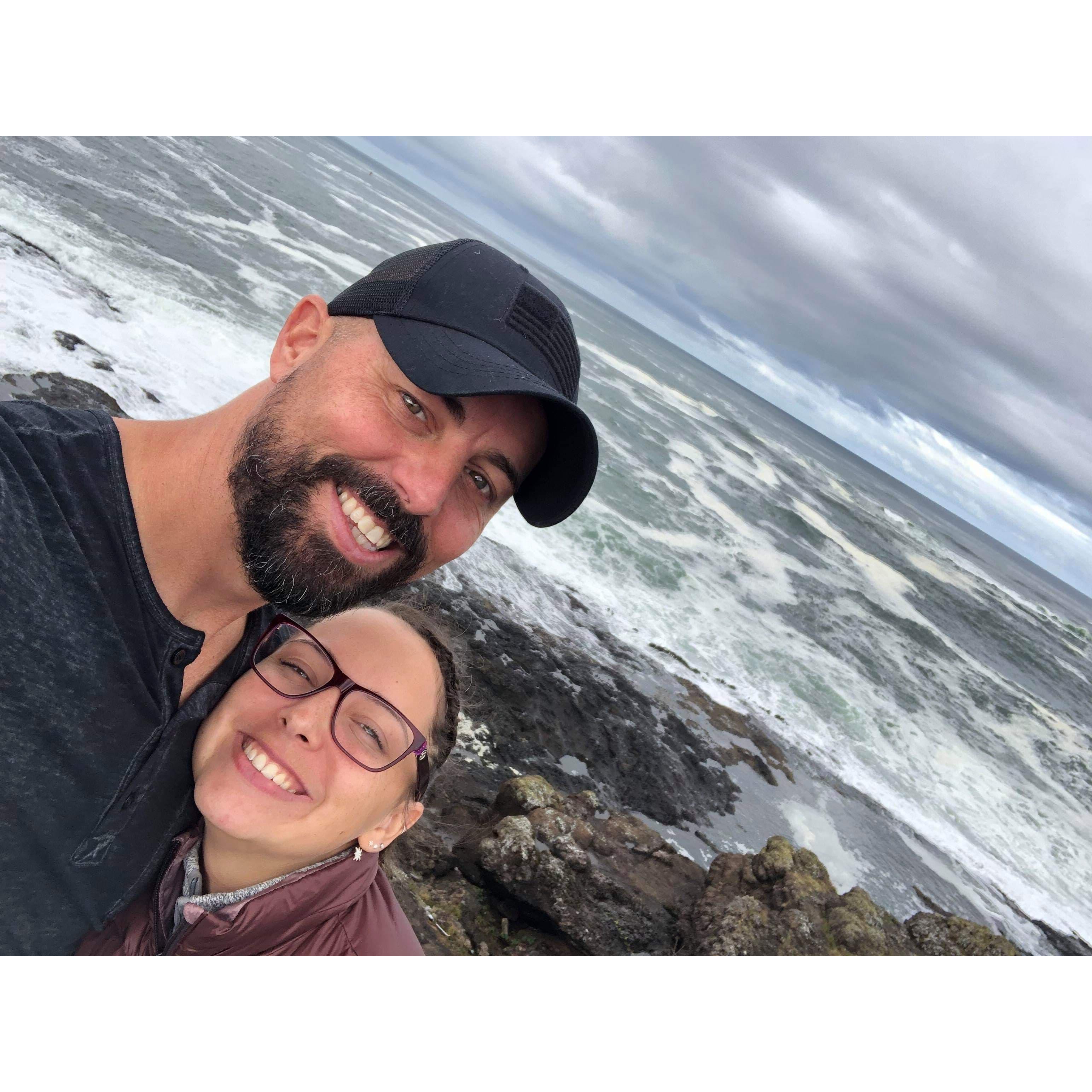Camping on the Oregon Coast, right after making a decision to go on a boat for an hour and watch Whales and Sea Lions. We both got A LOTTA sea sick.