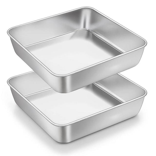 P&P CHEF 9 Inch Square Baking Cake Pans (2 Pcs), Stainless Steel Square Toaster Oven Pan Bakeware for Birthday Cake Lasagna Brownie, Non-toxic & Healthy, Leakproof & Heavy Duty, Dishwasher Safe