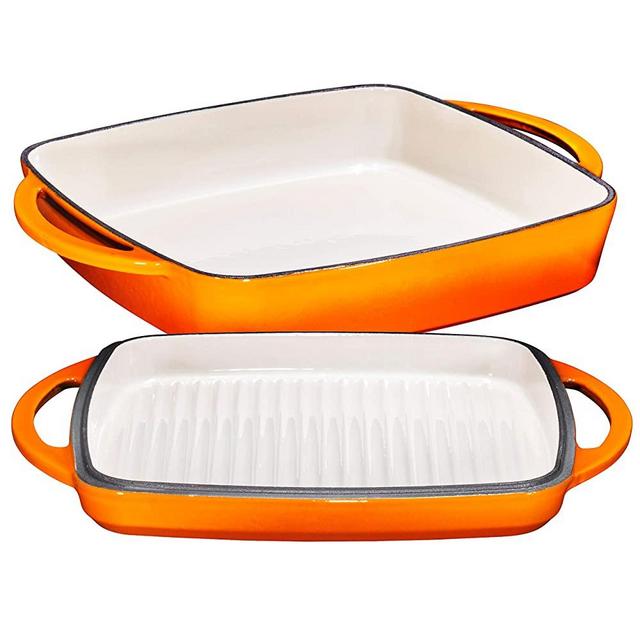2 in 1 Enameled Cast Iron 11 Inch Square Casserole Baking Pan With Griddle Lid 2 in 1 Multi Baker Dish, Pumpkin Spice