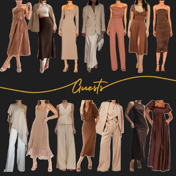 Ladies (Guest): Elegant midi/maxi dresses, sleek jumpsuits, or polished sets with wide-leg pants or flowy skirts