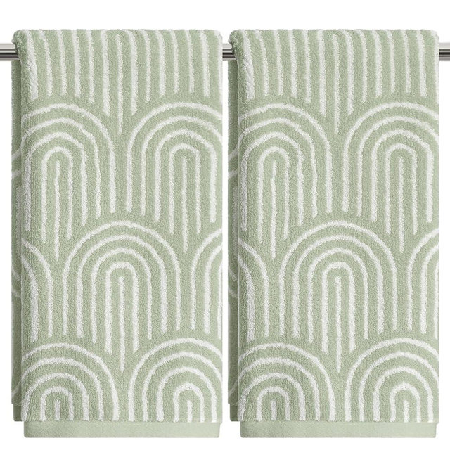 Artoid Mode 2 Pcs Beige Green Arched Stripes Jacquard Hand Towels for Bathroom, 100% Cotton Soft Absorbent Bathroom Decor Towels, 13.7 x 29.5 Inch