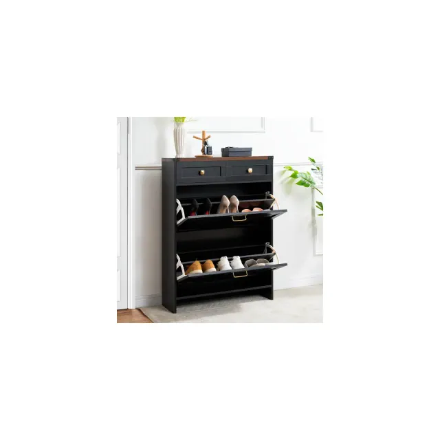 Home Imports Emporium Farmhouse Slim Shoe Cabinet with Flip Drawers – Narrow Entryway Shoe Storage Cabinet with 2 Utility Drawers in Black
