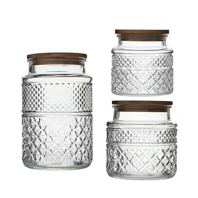 Glass Storage Jars Vintage Embossed Glass Canisters , Livejun Food Cereal Storage Containers with Bamboo Lid , Decorative Jars for Kitchen Counter,Pantry ,Set 3-Piece Glass Jars in 60 oz/40 oz/20 oz (Round)