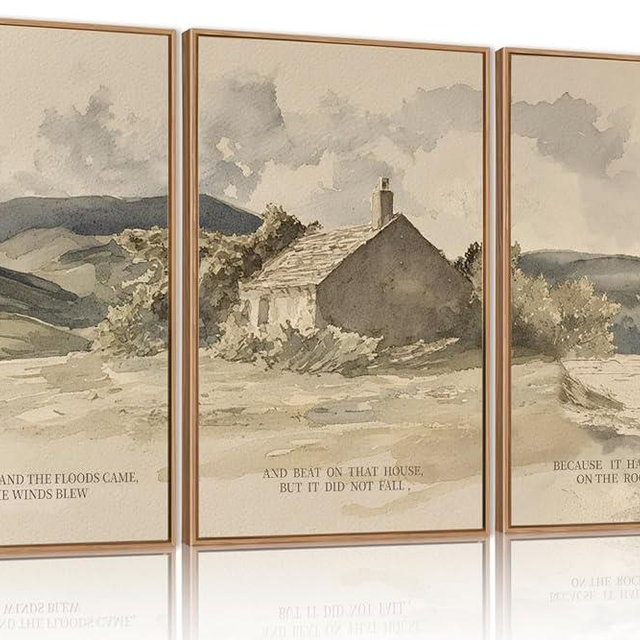 FWIEXA Nature Christian Bible Verse Framed Canvas Wall Art Set, Floods Mountain Houses Jesus Wall Decor, Vintage Easter Artwork, Inspirational Quotes Art Prints for Prayer, Bedroom - Size 16"x24"x3
