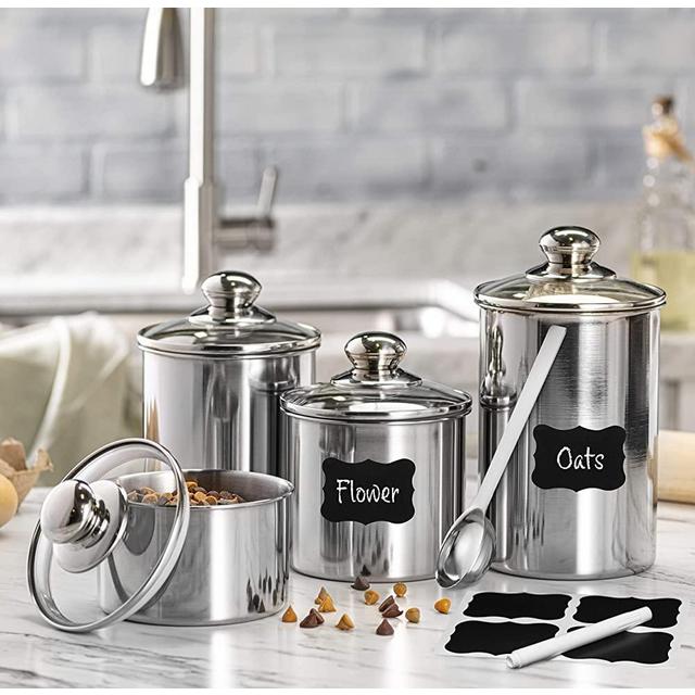Le'raze FOOD STORAGE CONTAINERS for Kitchen Counter with MARKER, LABELS, & SCOOP. [Set of 4] Stainless Steel Pot-Like Canister Set, Ideal for Flour Tea, Sugar, Coffee, Candy, Cookie Jar