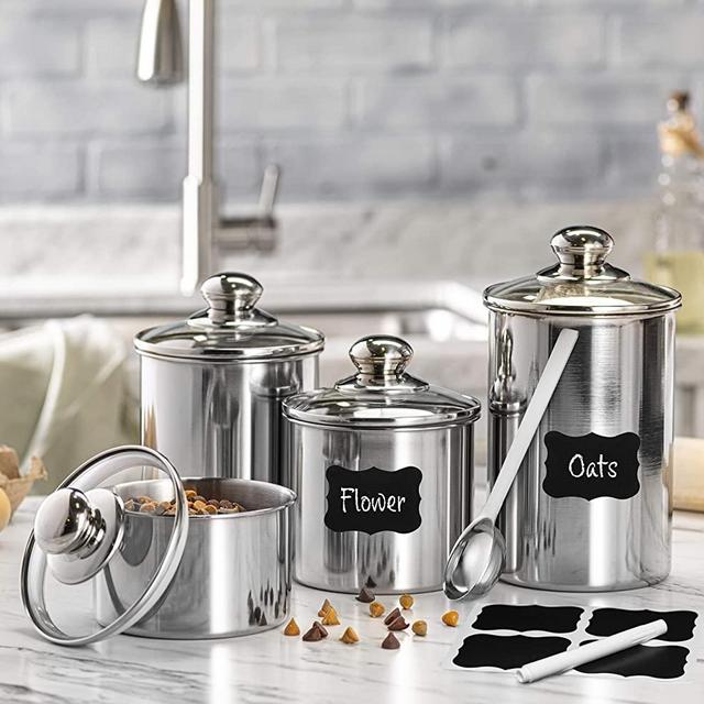 Le'raze FOOD STORAGE CONTAINERS for Kitchen Counter with MARKER, LABELS, & SCOOP. [Set of 4] Stainless Steel Pot-Like Canister Set, Ideal for Flour Tea, Sugar, Coffee, Candy, Cookie Jar