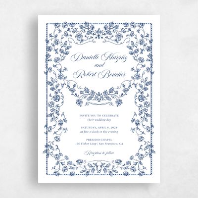 Dark Cobalt, White Wedding Invitation - Elysia Portrait