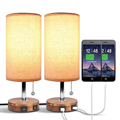 Dual USB Table Desk Lamp, Bedside Nightstand Lamp, Solid Wood Unique Lampshde,Convenient Pull Chain for Bedroom Living Room(Pack of 2)
