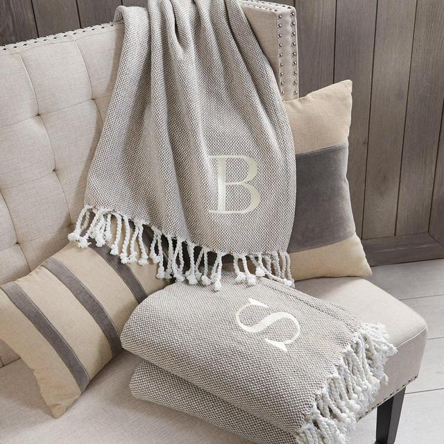 Mud PieHerringbone Embroidered Initial Throw