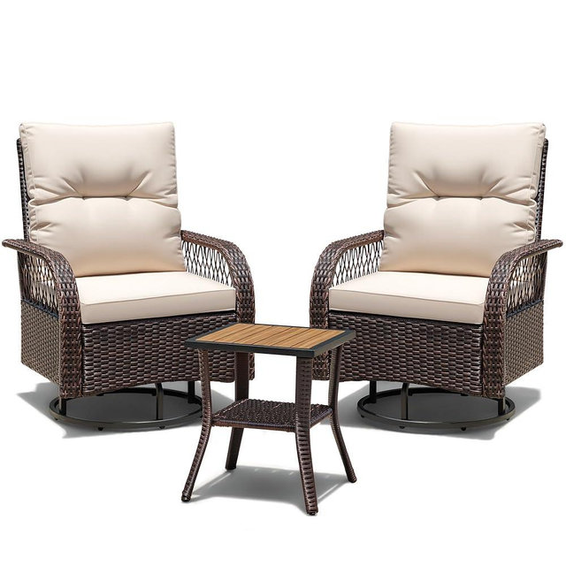 Devoko Patio Furniture Set Outdoor 3 Pieces Wicker Swivel Rocking Chairs Set of 2 with Coffee Table, Patio Conversation Set for Porch, Balcony, Deck, Garden (Brown)