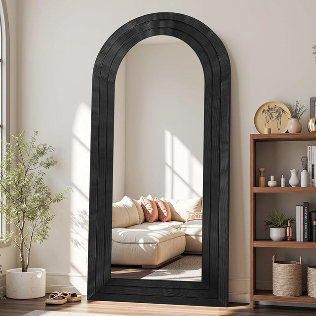 Antok Full Length Mirror with Solid Wood Frame, 71"×32" Wall Mounted Floor Mirror with Stand, Leaning Standing Hanging for Bedroom Living Room Entryway, Black, Arched Syle
