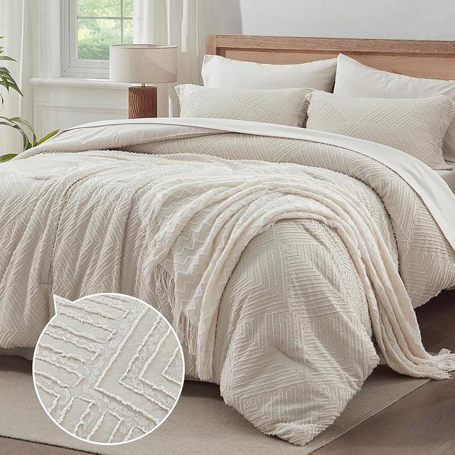 ChiXpace Beige King Size Comforter Set 7 Pieces - Boho Bed in a Bag for All Season, Soft Tufted Shabby Chic Comforter, Flat Sheet, Fitted Sheet, Pillowcases & Shams