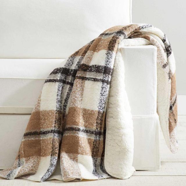 Lodge Plaid Sherpa Back Throw, 50 x 60", Neutral Multi