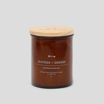 9oz Lidded Glass Jar Crackling Wooden Wick Candle Leather & Embers - Threshold&#8482;