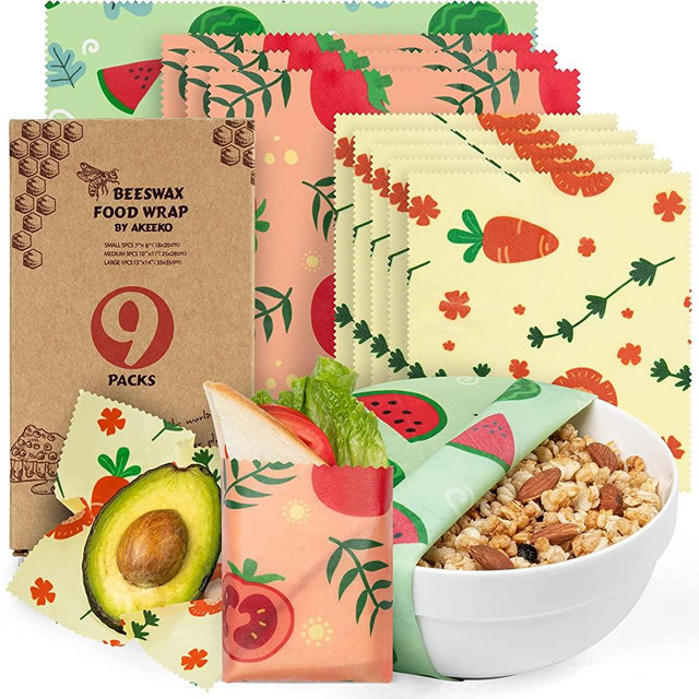 Reusable Food Wraps w/ Beeswax Assorted 9 Packs - Eco-Friendly Reusable Wrap, Biodegradable, Zero Waste, Organic, Sustainable, Plastic-Free Food Storage, 1L Watermelon, 3M Tomato, 5S Carrot