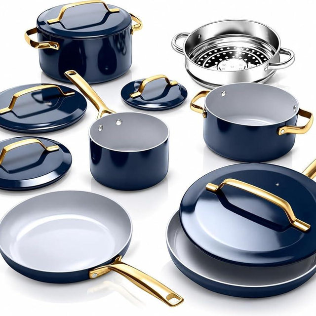 Gotham Steel Modern 11 Pc Ceramic Cookware Set, Elegantly Designed Pots and Pans Set Non Stick with Steamer, Induction Bottom, Premium Stay Cool Handles, Non Toxic PFOA Free, Oven & Dishwasher Safe