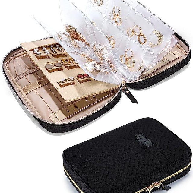 BAGSMART Jewelry Travel Organizer Case Transparent Jewelry Storage Book Ring Binder Jewelry Bags Clear Booklet Zipper Pouch Bag for Necklaces, Earrings, Rings, Bracelets, Black