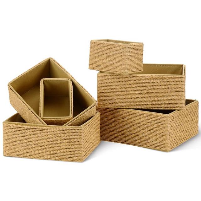 Hushee 6 Pcs Wicker Storage Baskets Paper Rope Storage Baskets Woven Paper Rope with Fabric Liner for Organizing Container Bins for Shelves Cupboards Drawer 5 Sizes