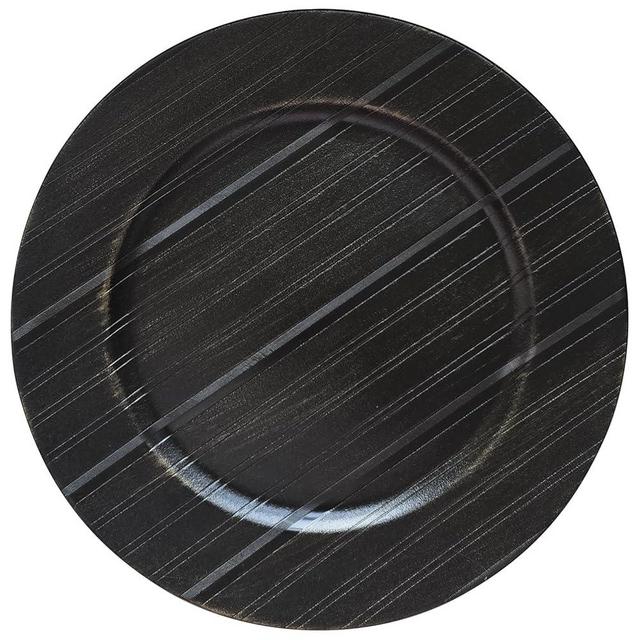 13" Antique Charger Plates, Stripe Pattern Black Charger Plate Set of 6, Round Server Ware Chargers for Dinner Plate, Reusable Bulk Table Setting for Party or Event