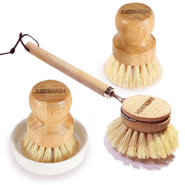 Wooden Dish Brush Set Clean Pots, Pans and Vegetables, Natural Fiber Bristles Scrubber with Long Handle, Cast Iron Bamboo Scrub Brushes with Ceramic Holder