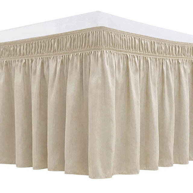 Biscaynebay Wrap Around Bed Skirts for Queen Beds 15 Inches Drop, Light Camel Elastic Dust Ruffles with Adjustable Belts Silky Luxrious Fabric Machine Washable