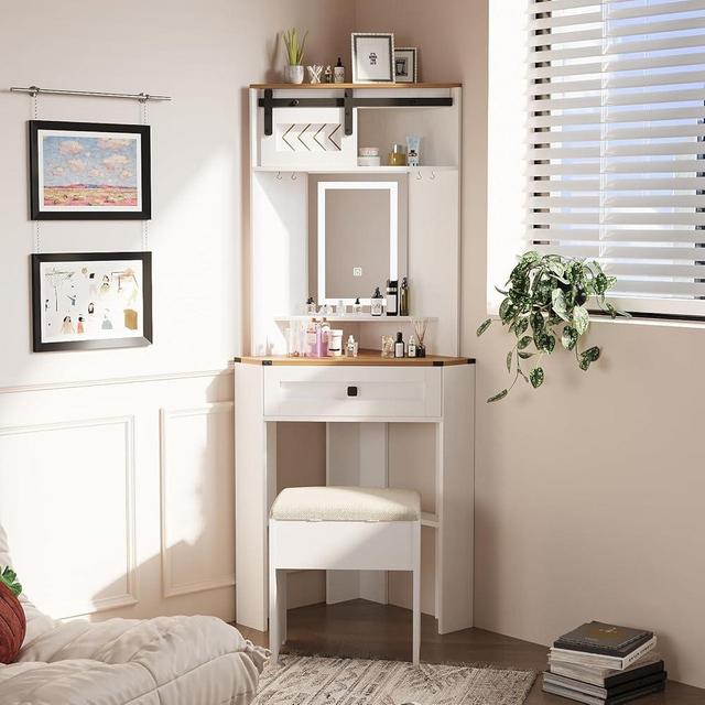 ARTETHYS Small Vanity Desk Set with Mirror and Lights Corner Makeup Table with Drawers for Small Space Farmhouse White Makeup Vanity Table with Storage Stool for Bedroom