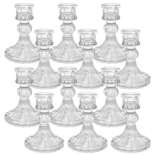 Sudifor 12 Pack Glass Candlestick Holders- Clear Taper Stripe Candle Holders for Candlesticks, 4" H Taper Candle Holders Small Centerpiece for Wedding, Festival, Party & Windowsill Decor