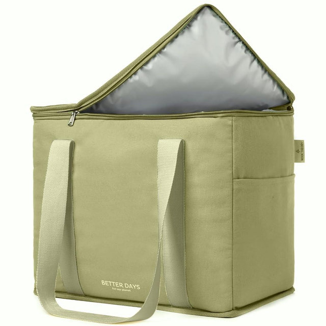 Reusable Insulated Grocery Bag - Leak Proof, XL Insulated Cooler Bag - Insulated Shopping Bags for Groceries - Travel Cooler Bag for Frozen and Hot Food with Zippered Top (Full Sage)