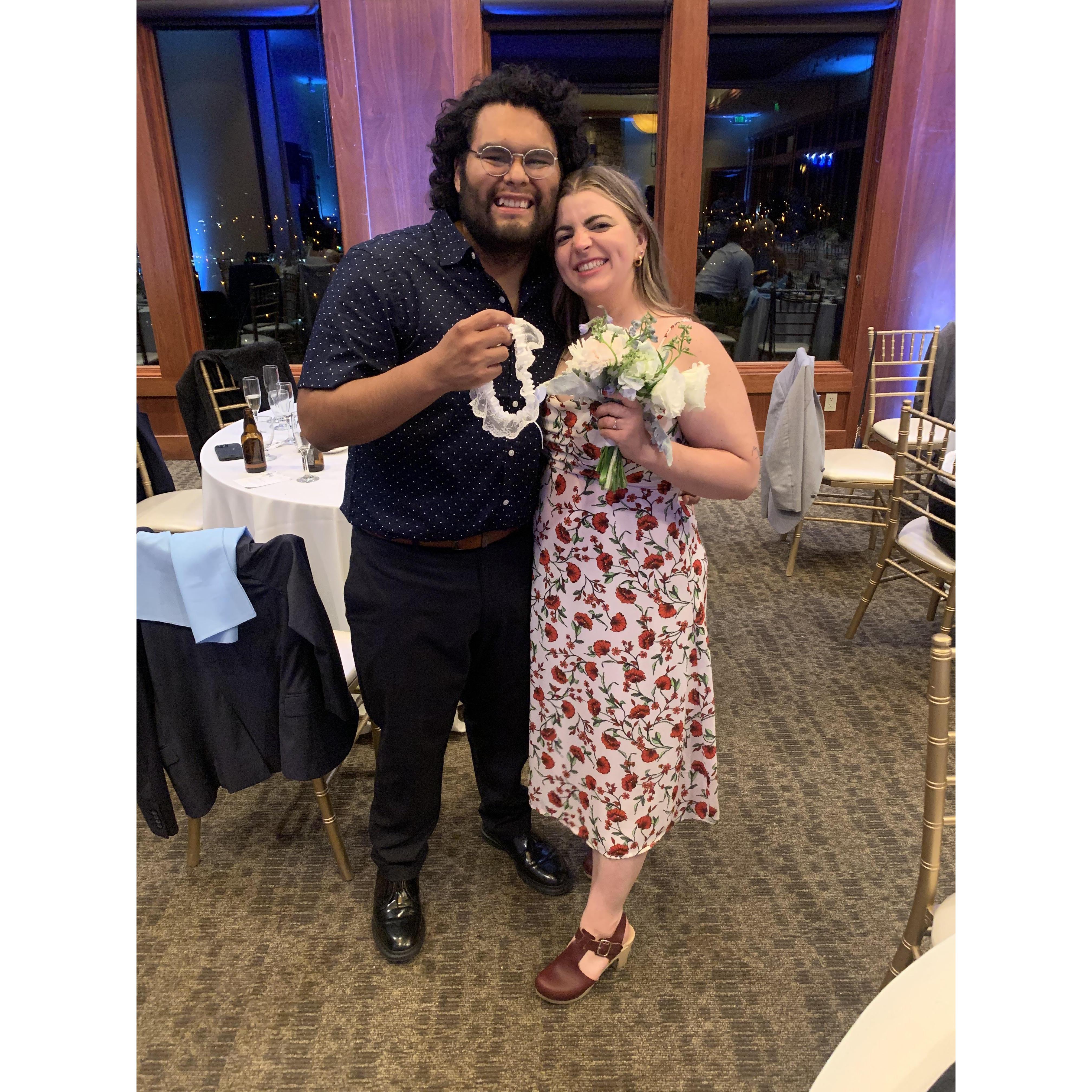 We caught the bouquet and garter at our friends Lainey and Joey's wedding!