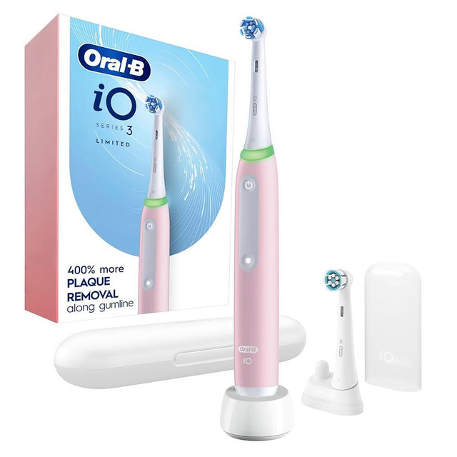 Oral-B Rechargeable Electric Toothbrush, iO3 Limited Deep Clean, 3 Cleaning Modes, Visual Pressure Sensor to Protect Gums, 2 Brush Heads, Travel Case, Azalea Pink