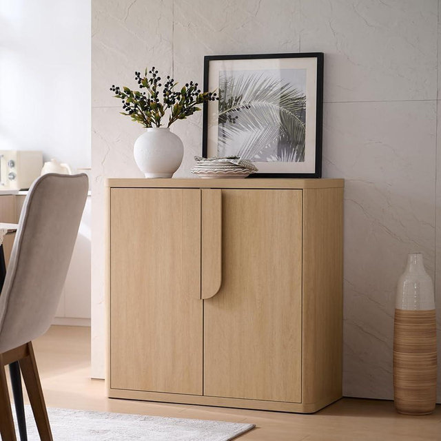 NOWABAY 34.5'' Sideboard Buffet Cabinet W/Storage, Modern Accent Cabinets W/Curved Handles & Adjustable Shelves, 2 Doors Coffee Bar Buffet Table Credenza for Living Room Kitchen Hallway, Natural