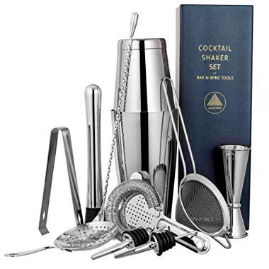 11-piece Cocktail Shaker Bar Set: 2 Weighted Boston Shakers, Cocktail Strainer Set, Double Jigger, Cocktail Muddler and Spoon, Ice Tong and 2 Liquor Pourers