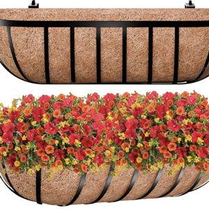 ZeeDix 24 Inch Railing Planter Box, 2 Pack Metal Window Boxes with Coco Liners for Railing, Hanging Flower Boxes for Deck Porch Balcony & Fence Outdoor Indoor Lawn