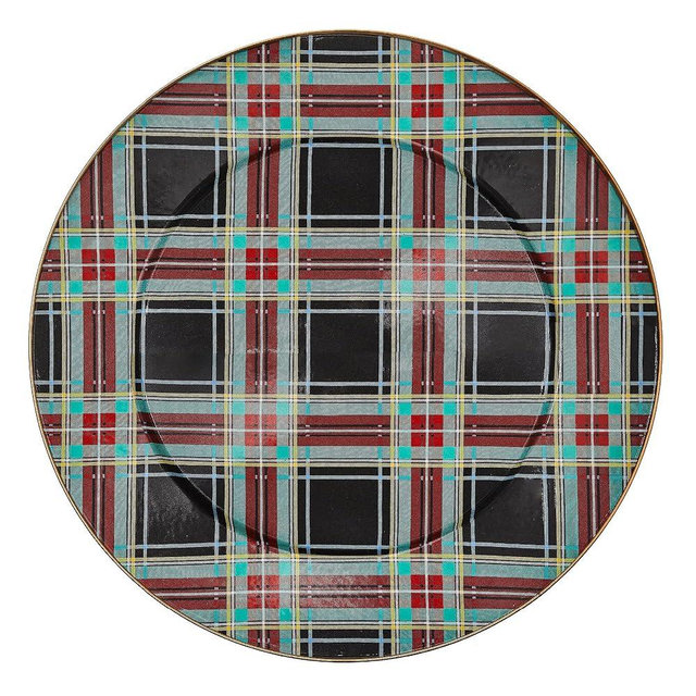 MACKENZIE-CHILDS Enamel Serving Platter, Decorative Serving Platter for Food, 16 Inches, Black Tartan
