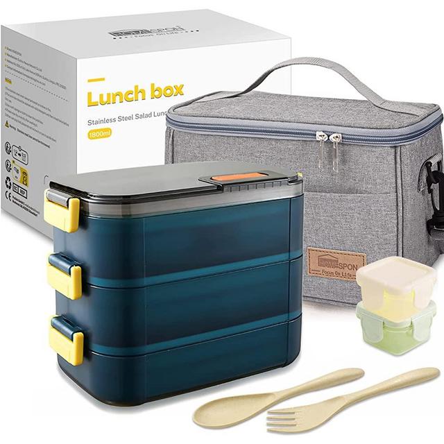 HOMESPON Bento Box Adult Lunch Box with Bag Stainless Steel Salad Lunch Container, Leakproof Tiffin Lunch Box, Built-in Reusable Wheat Straw Spoon/Fork & Food Grade Salad Dressing Box Green,3 tiers