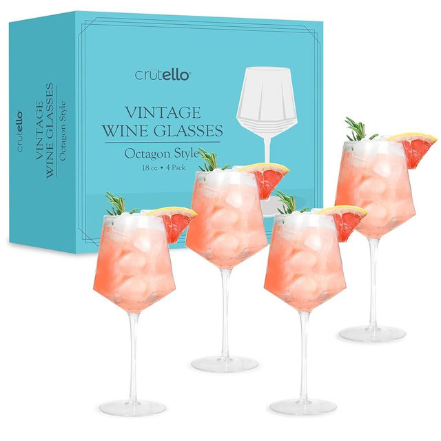 Crutello Vintage Wine Glasses Set of 4-18 oz Glass Sets - Fancy Unique Art Deco Glassware - Long Stemmed Fun Drinking Glasses for Red and White Wine, Cute Cocktail, or Fun Mocktails