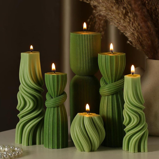 Threlaco 6 Pcs Pillar Candles Modern Aesthetic Ribbed Decorative Candle Set Cute Soy Wax Scented Ribbed Decor for Home(Green,2.36-6.89 Inch)