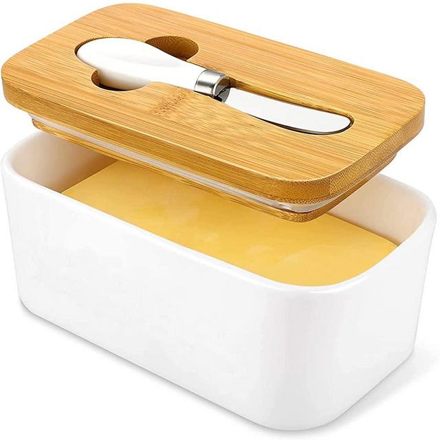 Butter Dish with Lid, OAMCEG Porcelain Ceramic Butter Container, Large Butter Keeper with Wooden Lid and Steel Knife, Airtight Butter Storage Container with Cover Holds Up to 2 Sticks of Butter
