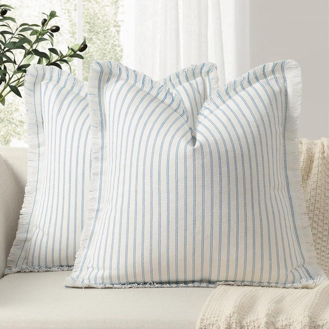 ZWJD Throw Pillow Covers 18x18 Set of 2 Striped Pillow Covers with Fringe Chic Cotton Decorative Pillows Square Cushion Covers for Sofa Couch Bed Living Room Farmhouse Decor (Light Blue)