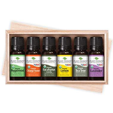 Plant Therapy Top 6 Organic Essential Oil Set - Lavender, Peppermint, Eucalyptus, Lemon, Tea Tree, In A Wooden Box 100% Pure, USDA Organic, Natural Aromatherapy, Therapeutic Grade 10 mL (1/3 oz)