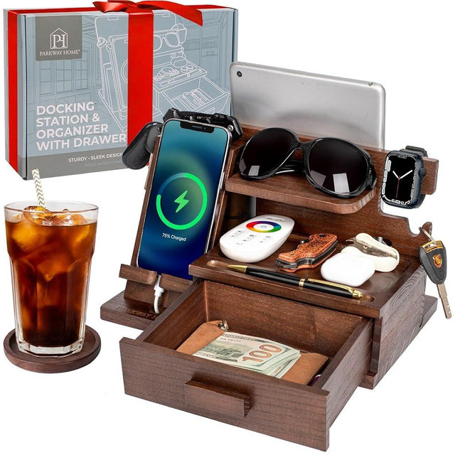 Parkway Home Wood Phone Docking Station with Drawer, Compatible with Apple Watch - Wood Charging Station Organizer Stand, Bedside Nightstand Organizer for Men, Holds Phone, Tablet, Keys, Glasses, EDC