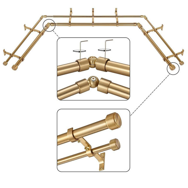 Mayrhyme Warm Gold Double Bay Window Curtain Rods with Aluminum End Cap Finials and Brackets,1 Inch Diameter Dual Corner Window Curtain Rods, 2 Sided 20-36" and 36-72" Center Extendable Curtain Rod