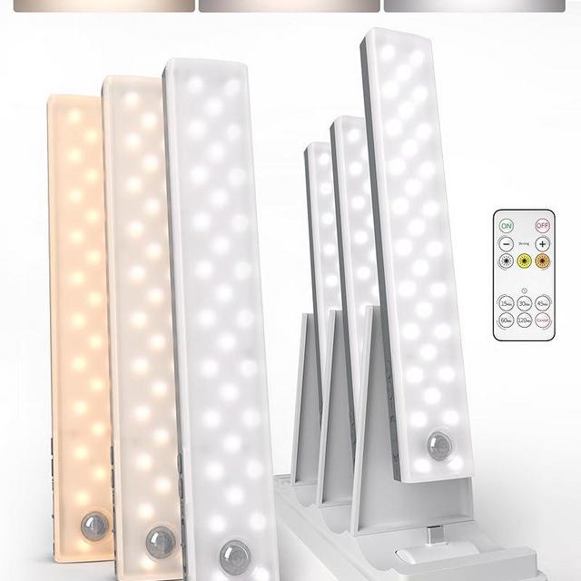 EZVALO 62 LED Under Cabinet Lighting with Charging Station, Rechargeable Motion Sensor Lights, 3 Color Temps, Dimmable Wireless Closet Lights w/Remote for Kitchen, Wardrobe, Pantry- 6 Pack