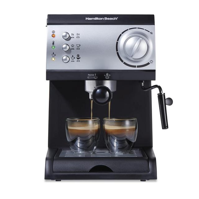 Hamilton Beach 15 Bar Espresso Machine, Cappuccino, Mocha, Latte Maker, with Milk Frother, Make 2 Cups Simultaneously, Works with Pods or Ground Coffee, 50 oz. Water Reservoir, Black