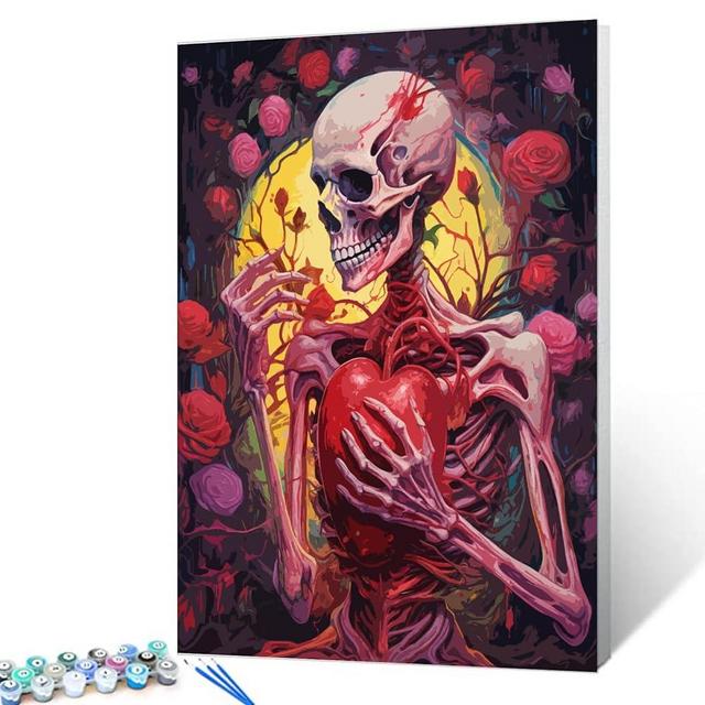 Tucocoo Retro Floral Paint by Number for Adults On Canvas DIY Human Skeleton Oil Painting Kits Acrylic Paints for Home Wall Decor Halloween Horror Art Craft Gifts for Kids 16x20 inch DIY Frame