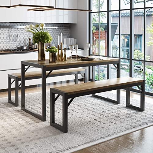 Amolife 3 Pcs Kitchen Dining Room Furniture, Metal Frame and MDF Board Dining Table with Bench, Kitchen Contemporary Home Furniture
