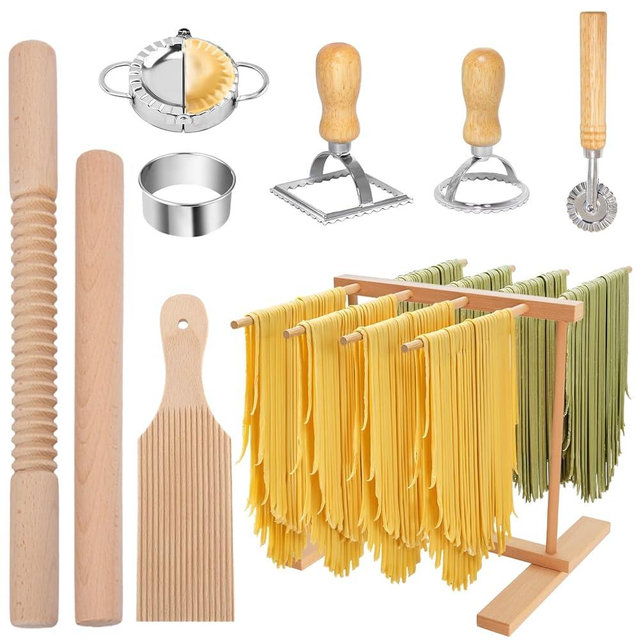 Pasta Making Tools, 9 PCS Wood Pasta Making Kit with Pasta Drying Rack, Pasta Roller, Gnocchi Board, Ravioli Cutter Pasta Making Accessories